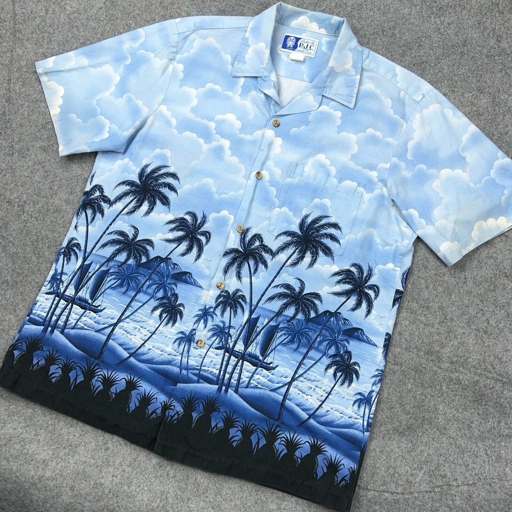 VTG RJC Hawaiian Shirt Men Medium Blue Sky Palm Tree Aloha Camp Tropical AOP USA